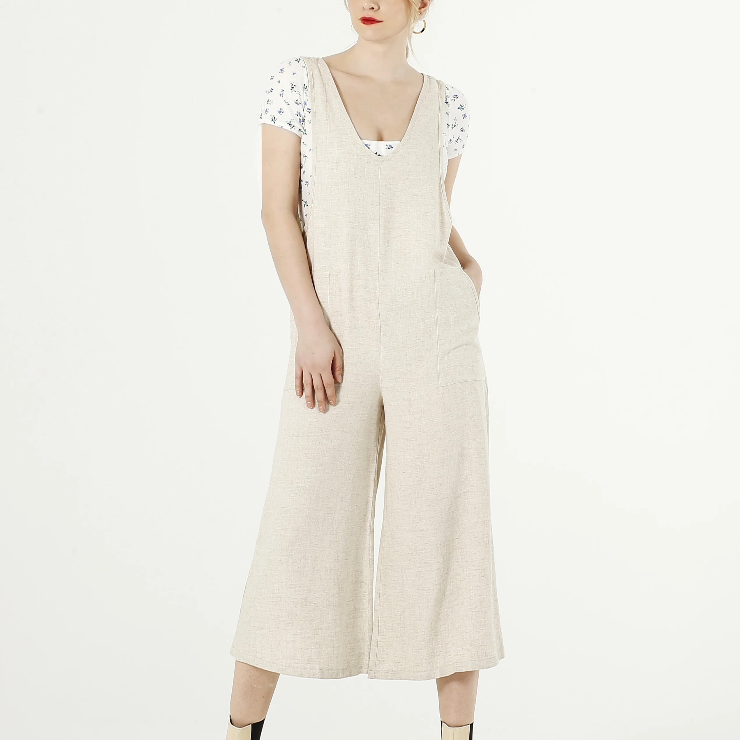 

Women Summer Casual Sleeveless V Neck Linen Wide Leg Regular Rompers Jumpsuit for Woman