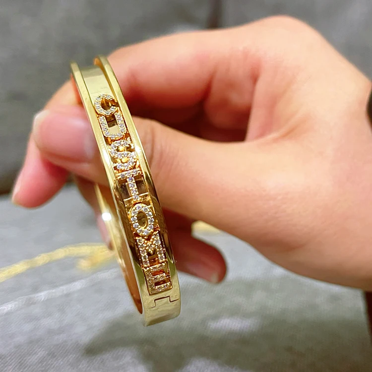 

Customized 18K Gold Plated Initial Name Sliding Letters Bangle Designer Charm Slide Bangle Slider Bangle Charm Bracelet, Gold, silver, rose gold