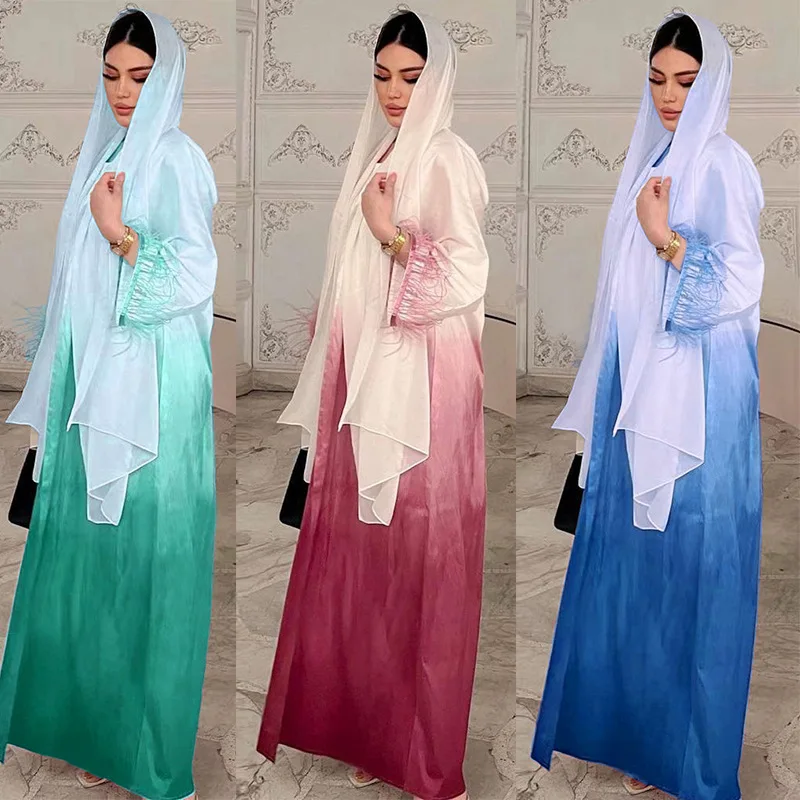 

Middle east arab fashion feather clothing solid color gradient 2 piece abaya set dress hijab scarf for muslim women