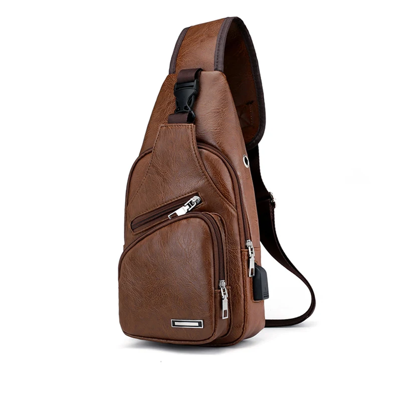 

Factory promotion men pu leather cross body messenger chest bag with USB charger port for men