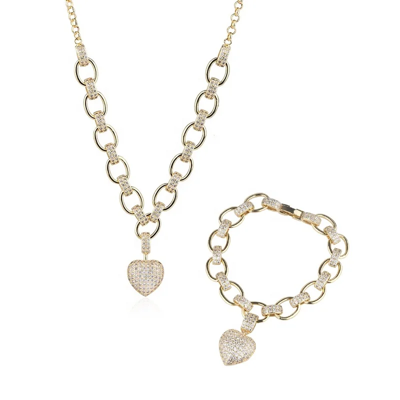 

2021 Hot Sale Jewelry Set Brass Necklace Bracelet Heart Zircon Adjustable Heart Jewelry Bangle Bracelet Girls, Picture shows