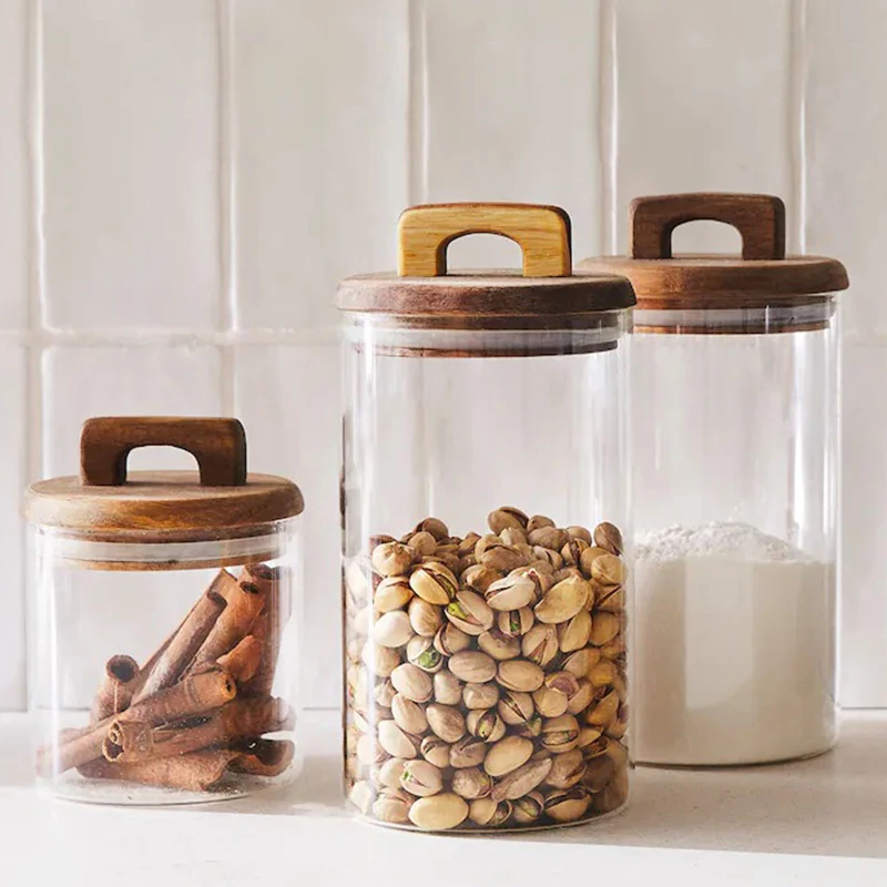 

Luxury Kitchen Accessories Clear Airtight Condiments Spices Rice Food Storage Container Glass Jar Set with Wooden Handle Lid