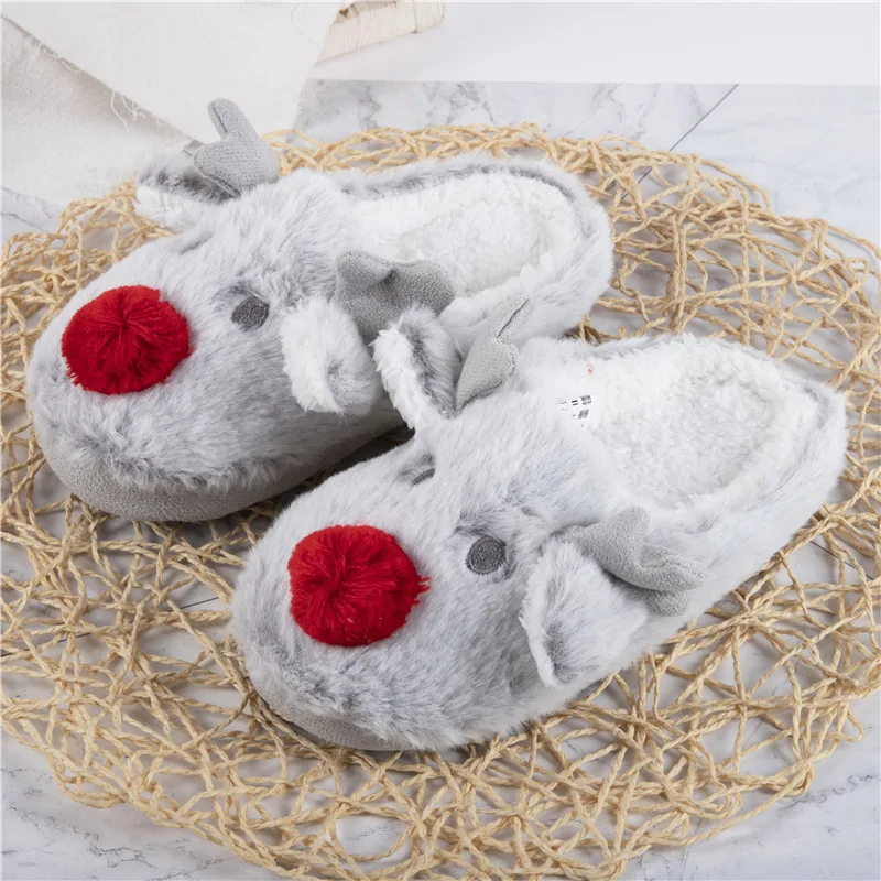 

Christmas ladies warm women indoor slipper elk animal fur slipper, Grey