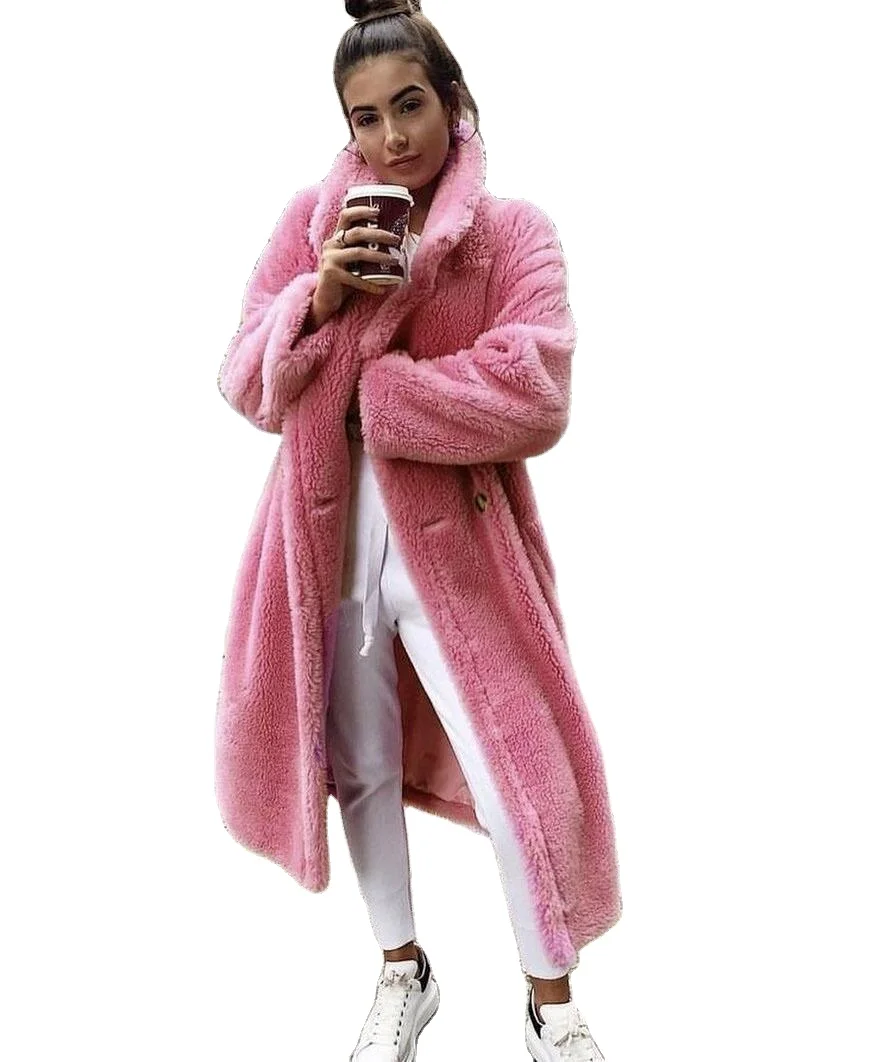

Pink Long Teddy Bear Jacket Coat Women Winter 2021 Thick Warm Oversized Chunky Outerwear Overcoat Women Faux Lambswool Fur Coats