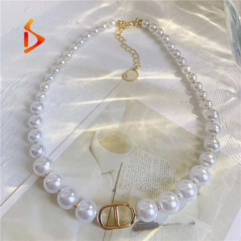 

Fashion Luxury Branded Designer Necklace Pearl Choker Letter CD Stainless Steel Necklace Bracelet for Women Jewelry