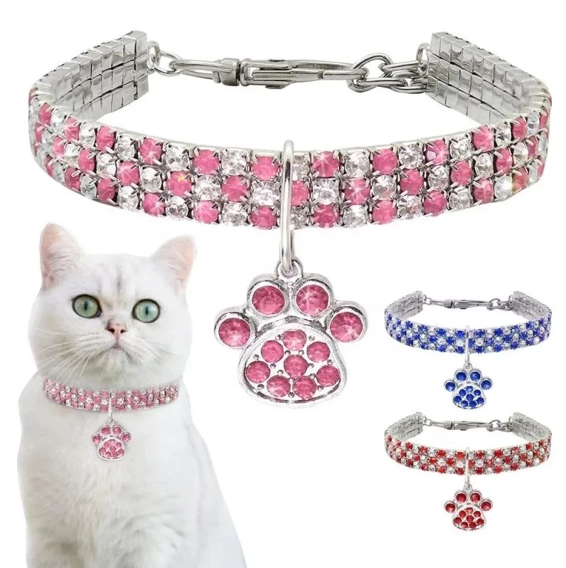 

Bling Rhinestone Alloy Diamond Puppy Crystal Teddy Pet Shiny Paws Charm Necklace Rhinestone Pet Collar, Red /pink/blue/white