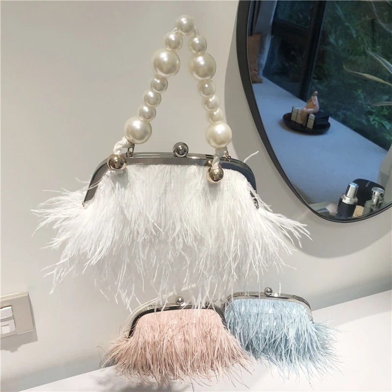 

Designer Ladies Ostrich Feather Wedding Clutches Bag Purse and Handbag For Woman Bridal Evening Dinner Party Purse Fur Bags, White pink blue