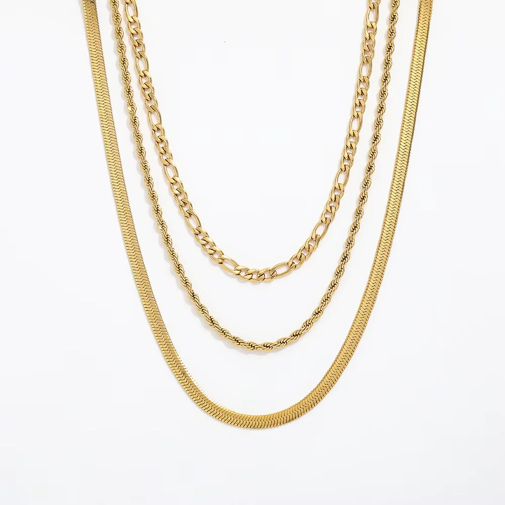 Joolim Jewelry Gold Plated Figaro Chain Rope Chain Snake Chain Three Layer Necklace Stainless Steel Jewelry Wholesale