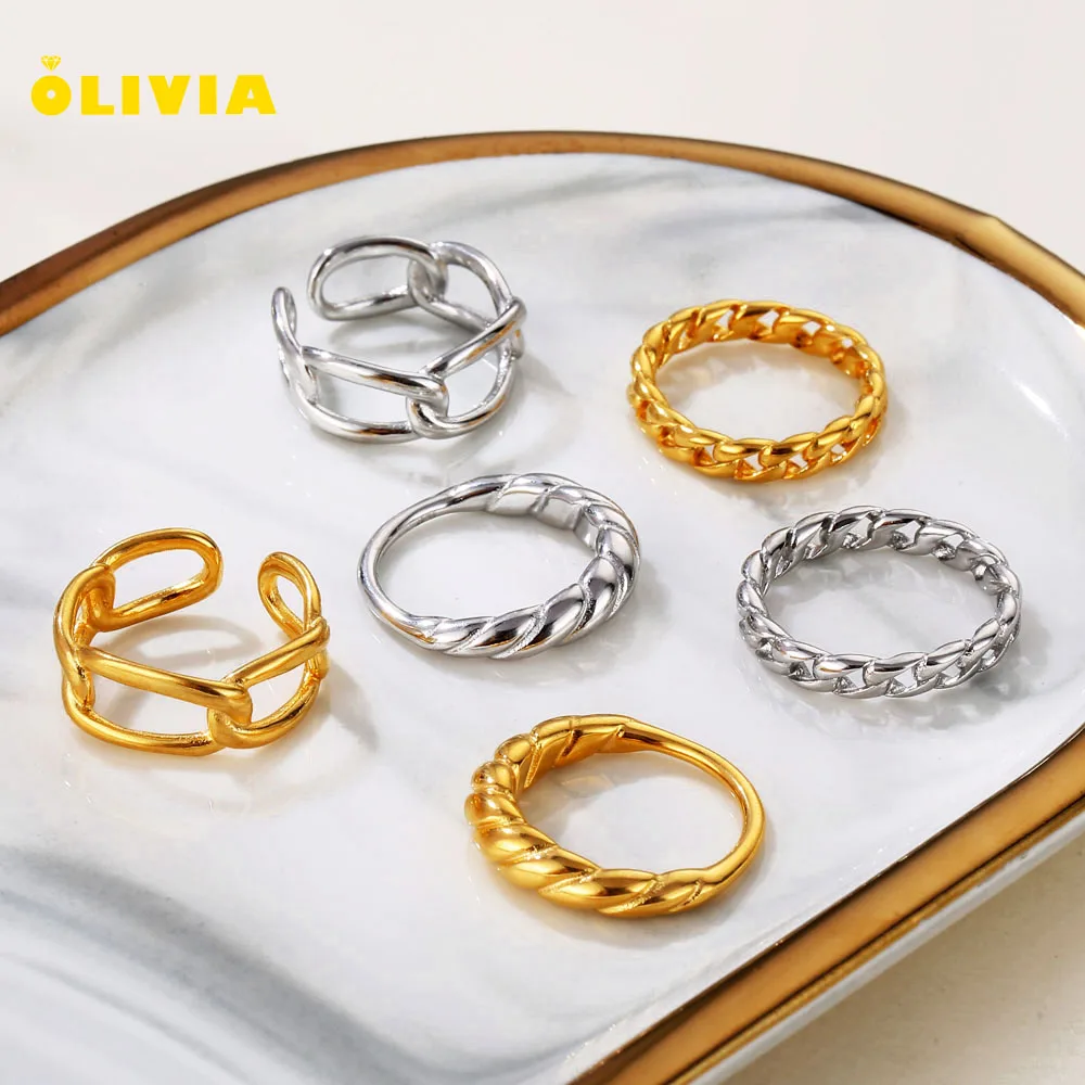 

Wholesale Non Tarnish Figaro Chain Ring Jewelry Stainless Steel 18K Gold Plated Thunky Thick Twisted Stripe Croissant Dome Rings