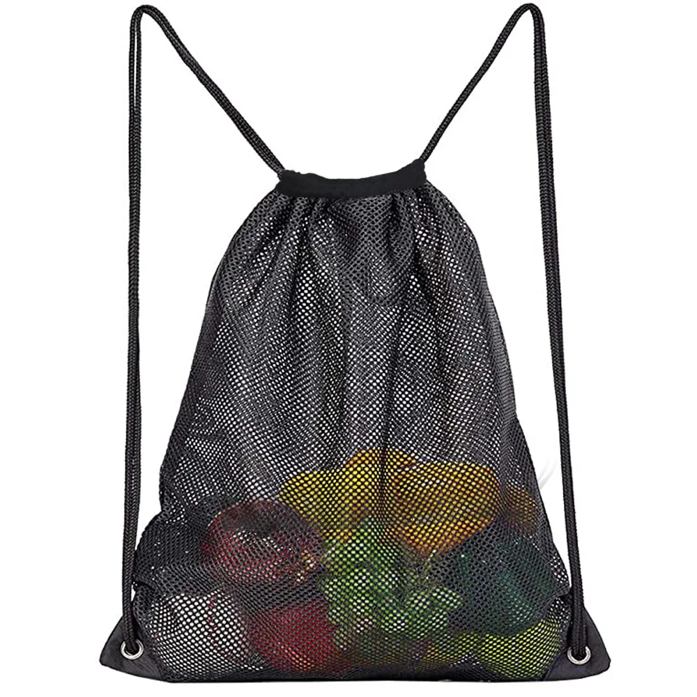 

Heavy Duty Mesh Drawstring Bag Cheap Promotional Practical Polyester Mesh Backpack Sports Gym Mesh Sport Equipment Storage Bag, Black