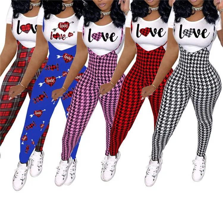 

Two Piece Pants Set 2021 Love Letter Women's Suspender Trouser 2 Pieces Clothing Short Sleeve Valentine's Day Outfit, As picture