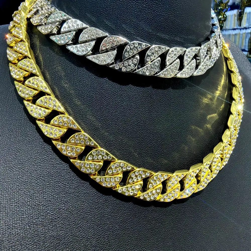 

Hip Hop 15mm Cuban Link Chain Iced Out Bling Rhinestone corrente de cubana Fashion Jewelry Wholesale