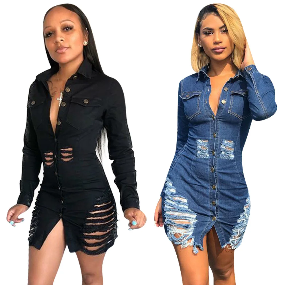 

Wholesale Hot Selling Button Down Fashion Casual Denim Dress Women Summer Long Sleeve Sexy Ripped Ladies Jean Denim Dresses 2021, Blue or custom shirt dresses ladies denim dress