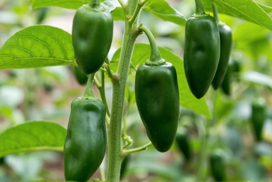 Close-up of Boulder pepper plants showing dark green immature peppers on sturdy stems in a home garden setting