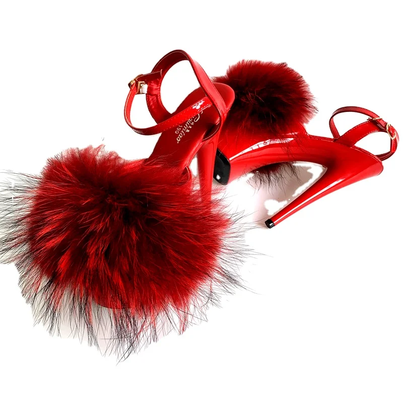 

Sexy 15cm Super High Heel Pur Sandals Women Platform Shoes Fluffy Real Fur Thin High Heel Pumps Girls Party Wedding Pole Shoes, Multi color