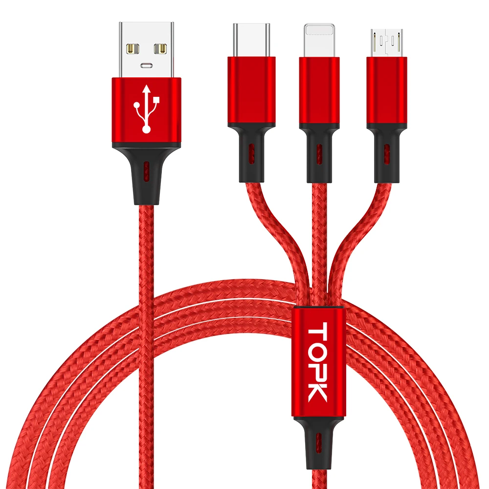 

TOPK AN20 3 In 1 2.4A Fast Charging Multi Function 3in1 Nylon Type C Micro USB Charger Cable, Black/red/sliver
