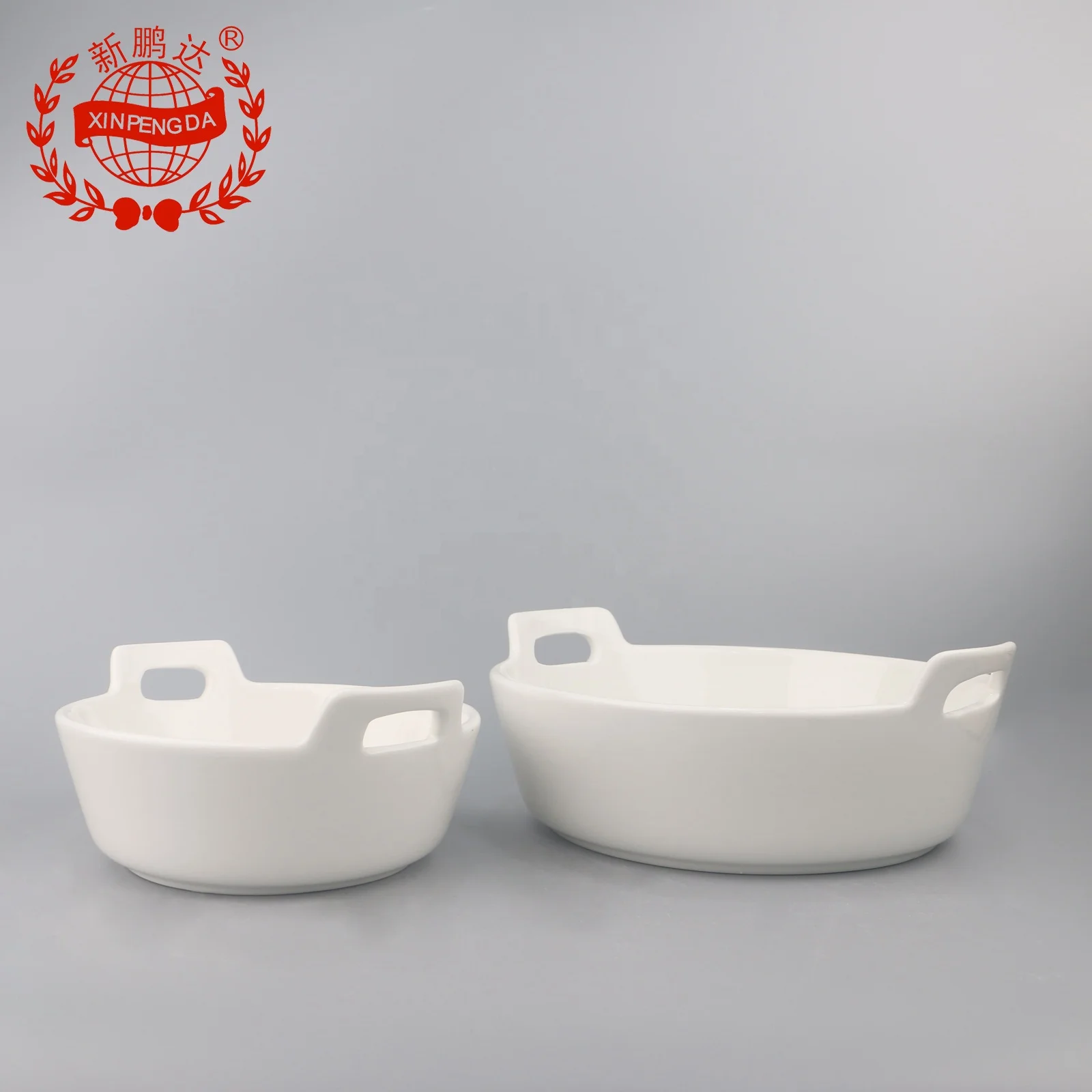 Hot Sale White Ceramic Round Soup Bowl With Double Handle Salad Bowl