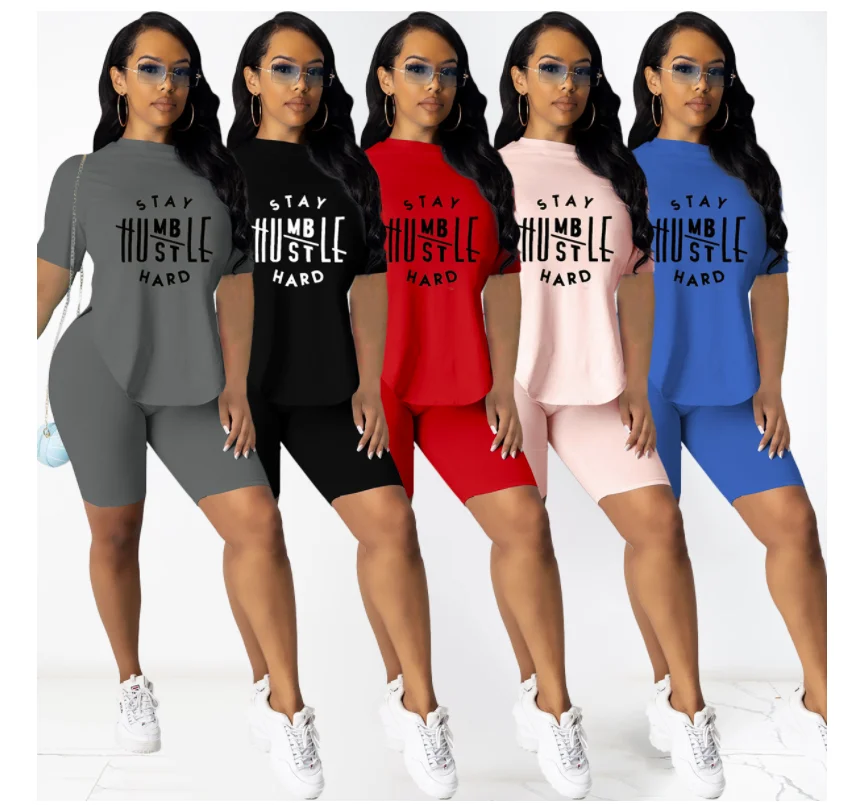 

Digital printing short Sleeves tops With short Pants casual two piece short set, Black/pink/red