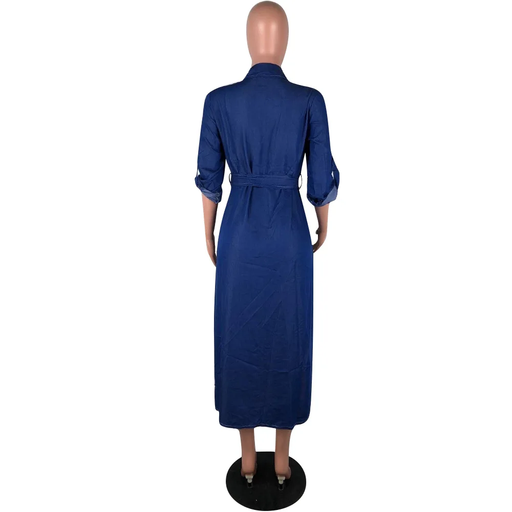 MVL9046 women fashion solid high slit maxi denim dress MVL9046