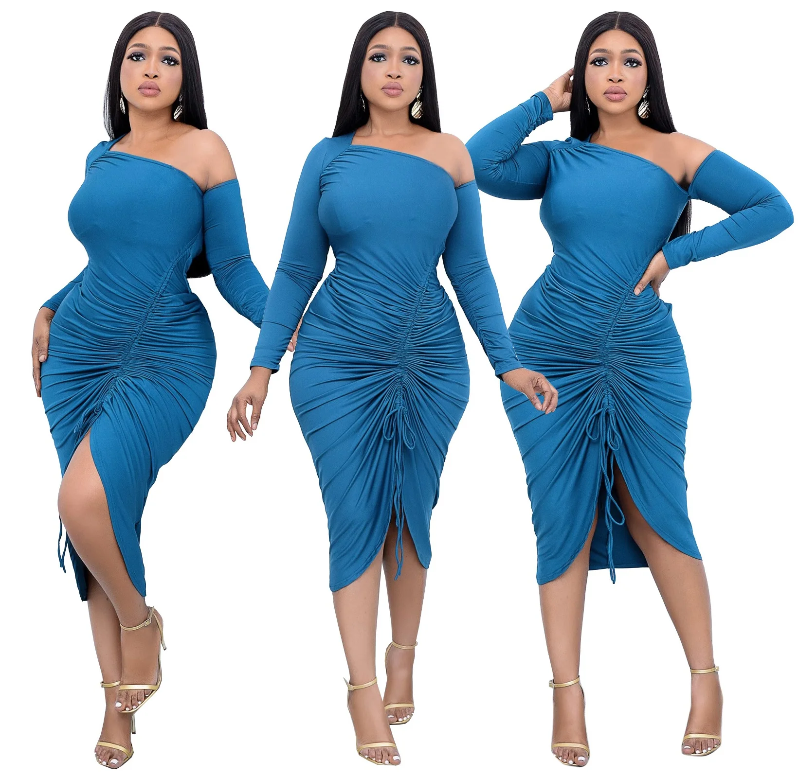 

New Arrivals Drawstring Ruched Women Winter Dresses Long Sleeve Fashion Elegant Fall Dresses 2021, Picture color