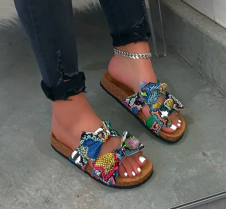 

2021 New Arrival Double Bow Beach Platform Slipper Ladies Fashion Floral Flat Slides Thick Bottom Flip-flops Big Size