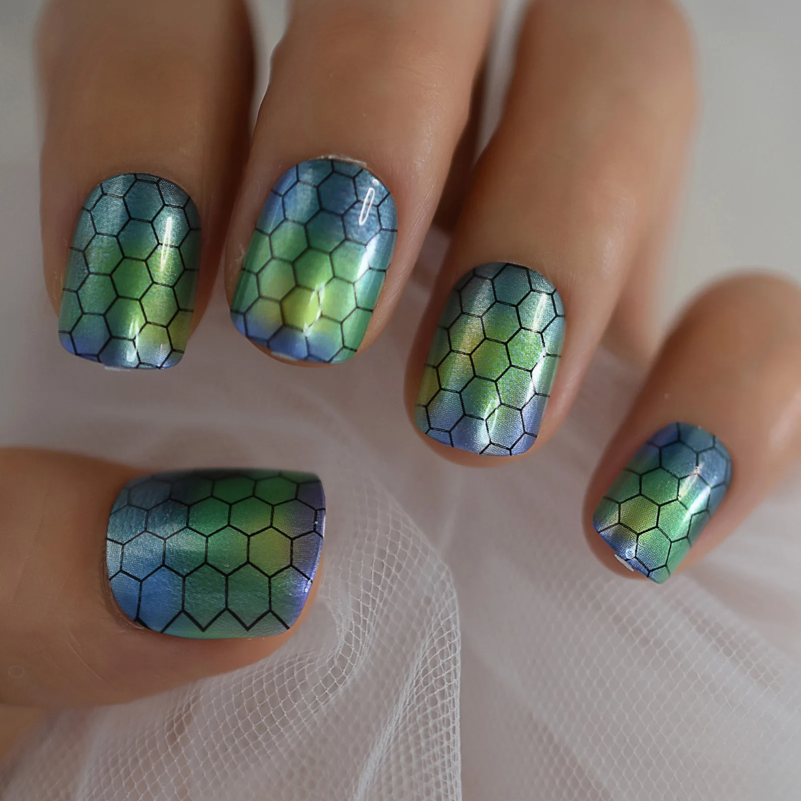 

Neon Color High quality Acrylic False Nail With Turtle Shell Pattern Short Ombre Squoval Fake Nails