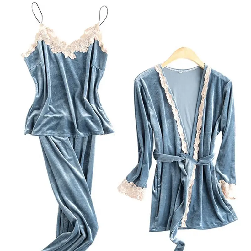 2019 autumn/winter nightgown v-neck pleuche nightwear three pieces long robes blank lace velvet sexy women pajamas set