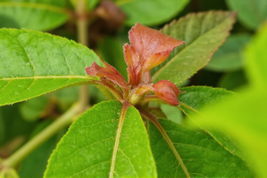 Close-up view of Ceylon cinnamon plant showing young reddish leaves and mature green foliage
