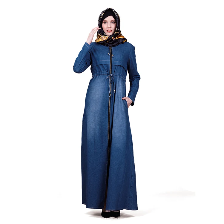 Modern Islamic Clothing Turkey Zipper Long Sleeve Loose Long Denim Dress With Pocket
