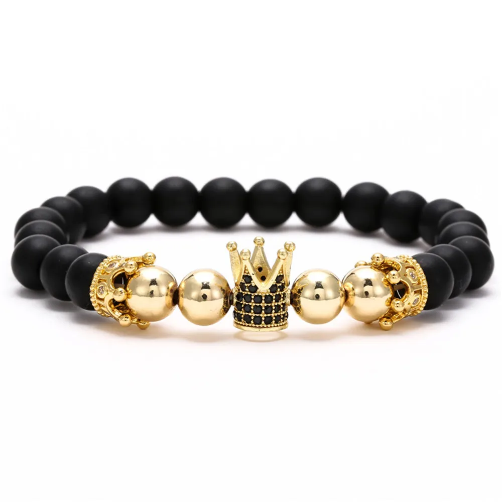 

Wholesale accessories black frosted copper bead micro inlaid rhinestone crown bracelet for men, Picture shows