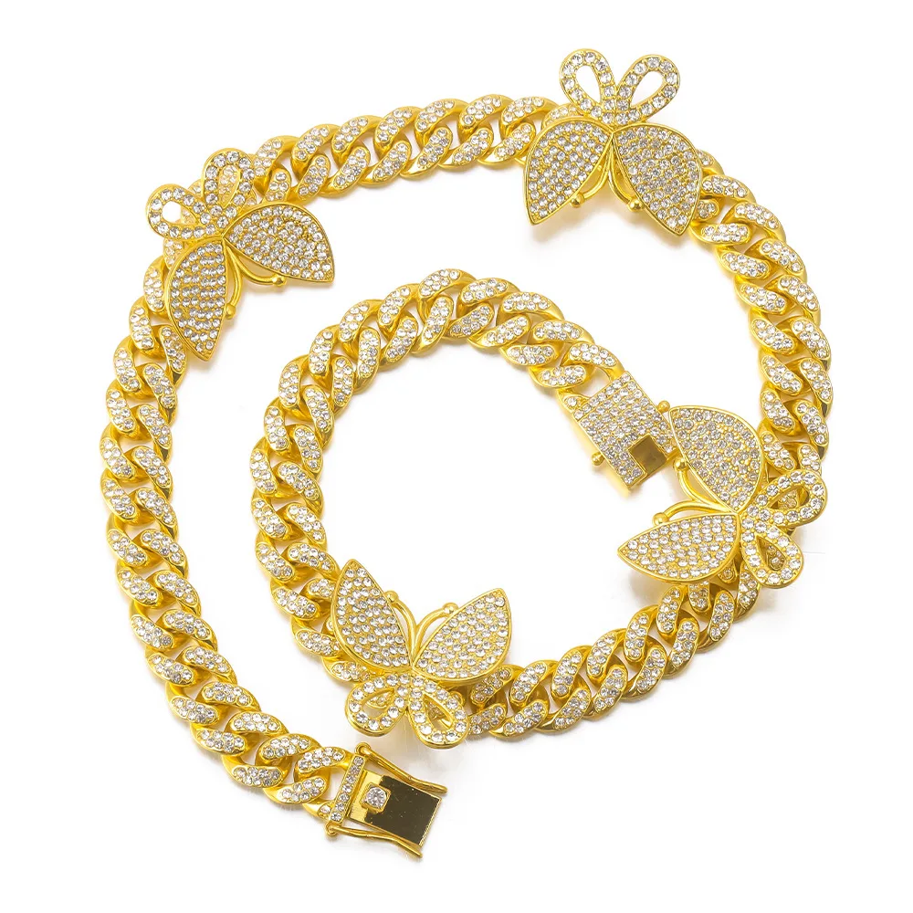 

Women Iced Out Jewelry Gold Silver Pink Diamond Cuban Link Chain Butterfly Necklace, Gold/silver/rose gold