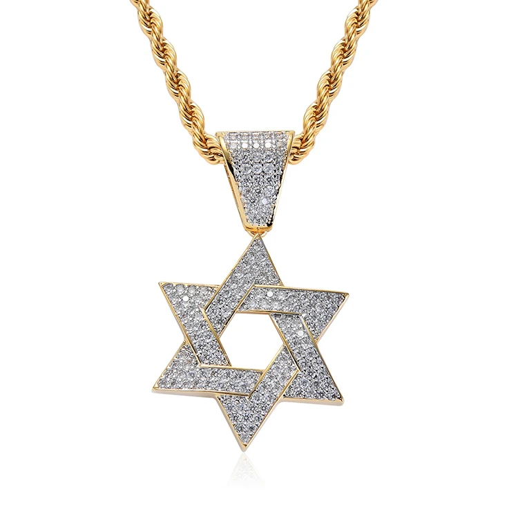 

Custom Hiphop Jewelry 18k Real Gold Plated Six-pointed Star Iced out Hip Hop Pendant Cubic Zirconia Stone Necklace, Gold color