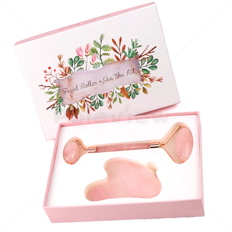 

Skyey Care 100% Natural Stone Facial Skin Massage Pink Rose Quartz Guasha Face Jade Roller Set
