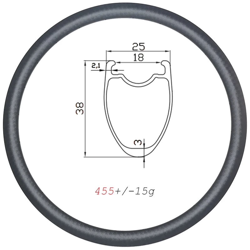 

455g 38mm Deep Hook Clincher Tubeless Carbon Rims 700C Disc 25mm Wide UD 3K 12K Matte Glossy 16-32H U Shape Road Gravel Wheels