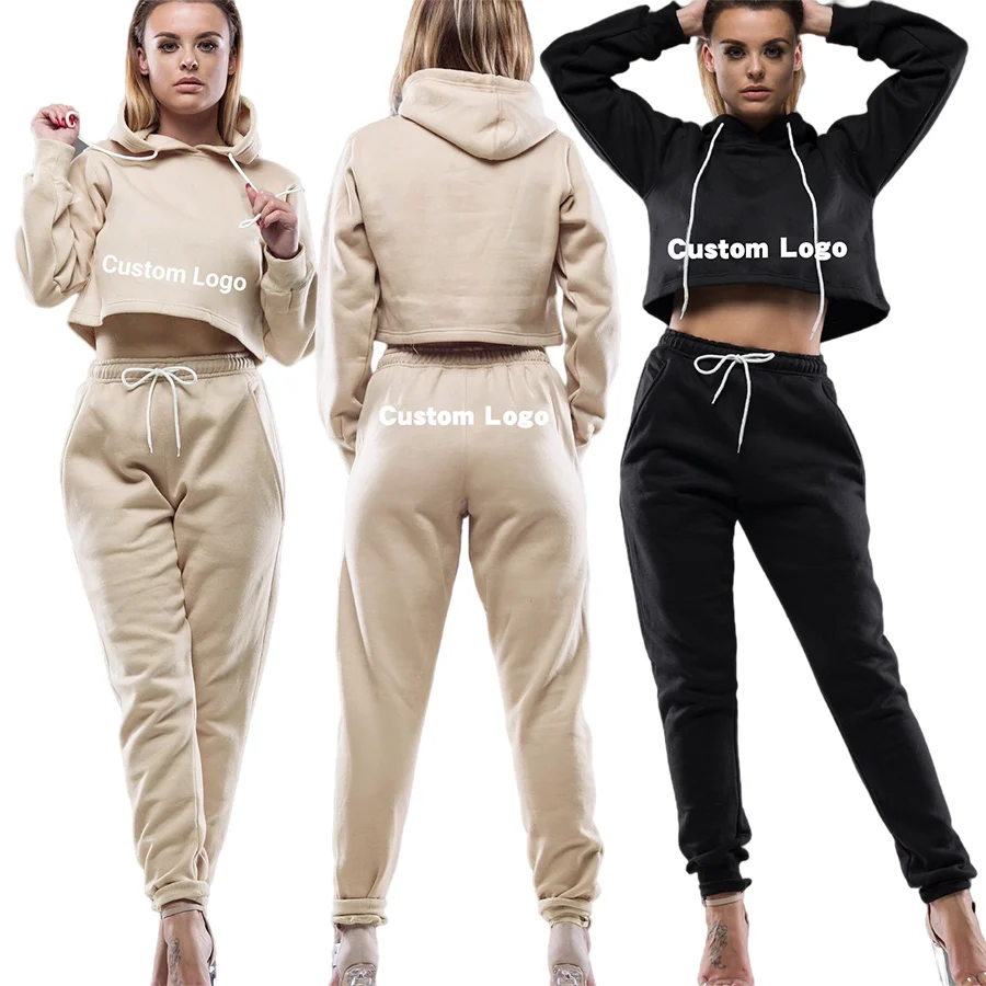 

Custom Logo Wholesale OEM Womens Ladies Jogging Sport Suit Tracksuit Casual Sweatshirt Hoodie Sweatpants two piece Outfit, Beige,dark grey