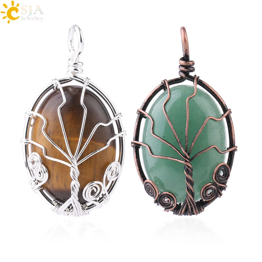 

CSJA vintage wire wrap gemstone tree of life pendant natural oval cabochons stone reiki pendant for necklace making F785, Unique color , the same stone has different colors