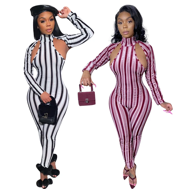 

Wholesale ladies long sleeve spring high neck sexy fashion women stripe print jumpsuit, White,pink