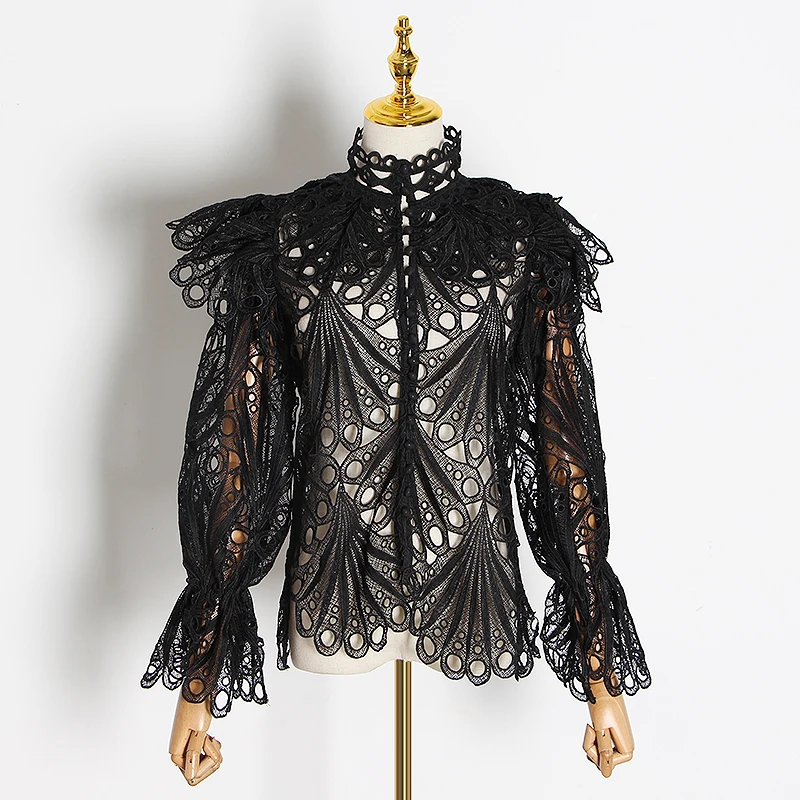 

Tops Blouse Fashion Long Sleeve Hollow out Women Ladies Shirt Clothing Casual Cotton