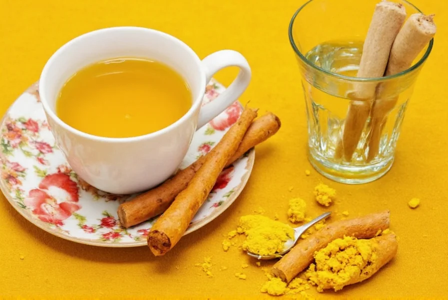 Golden turmeric tea in a ceramic mug with fresh ingredients