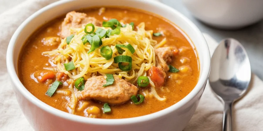 Finished spicy white chicken chili served in a rustic ceramic bowl with various toppings.