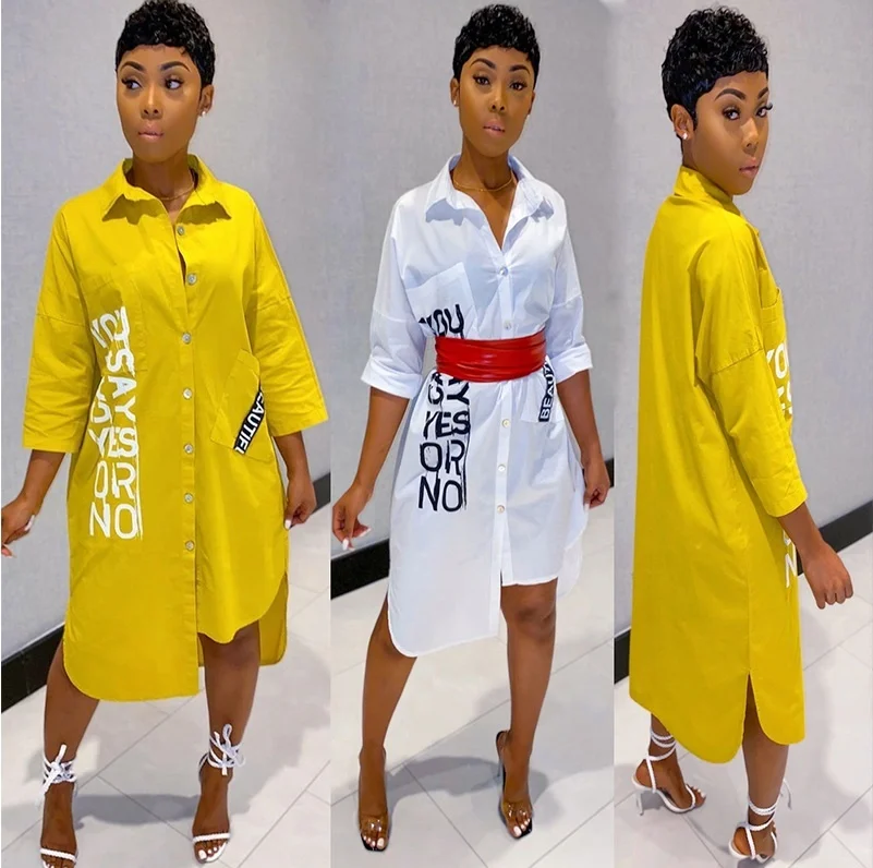 

YD - Wholesale ladies fall graffiti latest oversized shirt dress women casual work outfits long sleeve shirt dress
