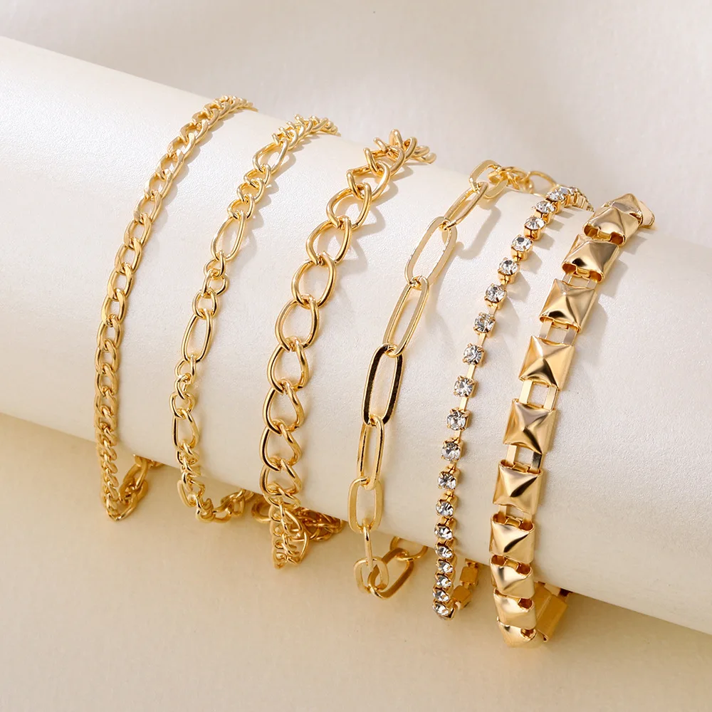 

Factory wholesale 6-piece gold thick and thin chain crystal bracelet set for fashion suit decoration