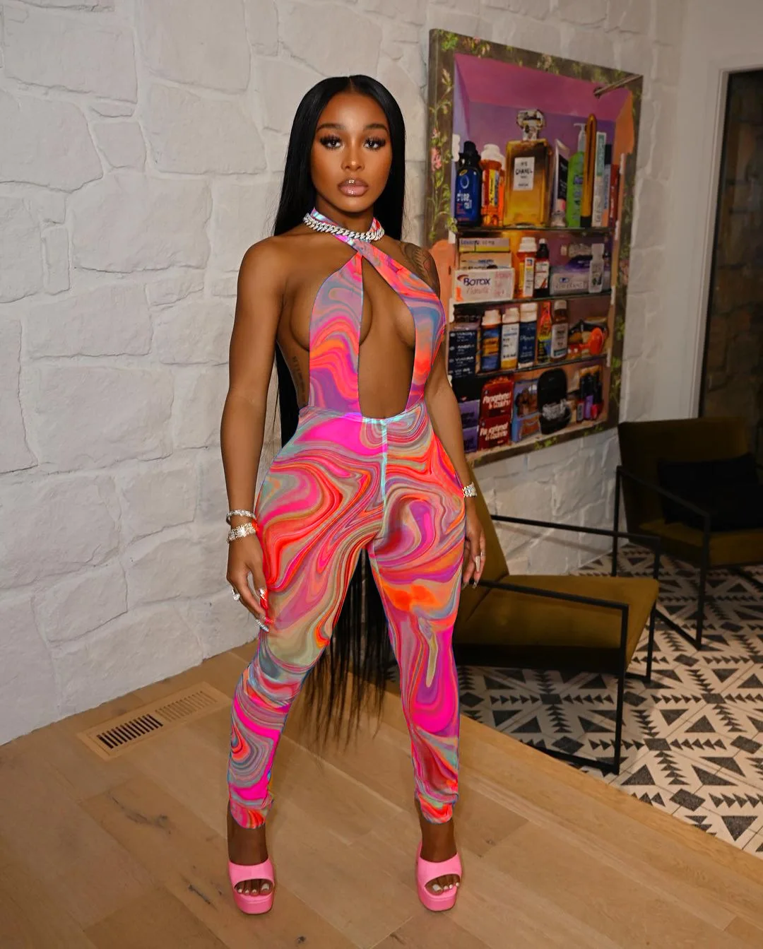 

New Arrivals Print Playsuit Sleeveless Cross Halter Rainbow Color Long Pants Backless Jumpsuit ladies jumpsuits tye dye jumpsuit, Customized color