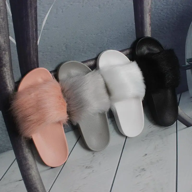 

Wholesale Solid Color Women Fluffy Slippers Plush Furry Black Fur Slides, Black/white/pink/grey
