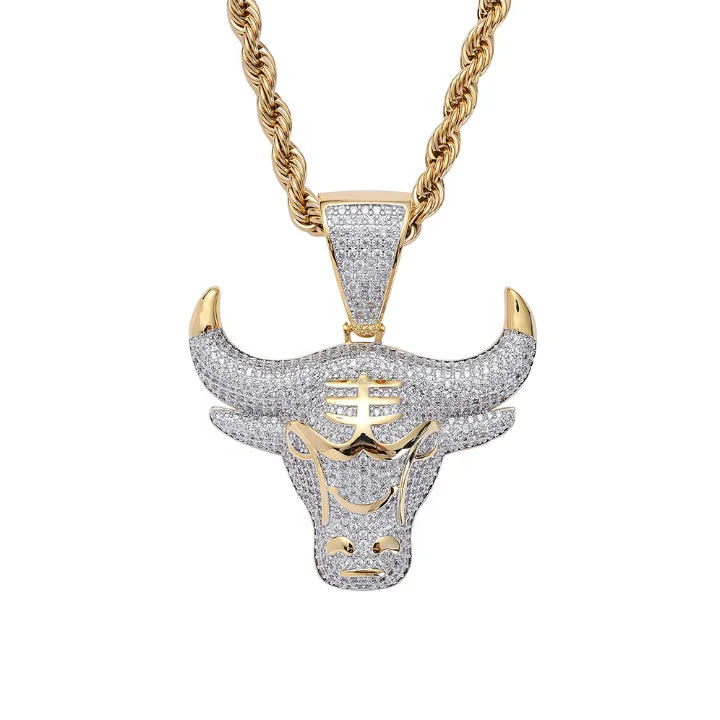 

2021 New style Hip hop jewelry with brass plating real gold micro zircon bull head pendant necklace