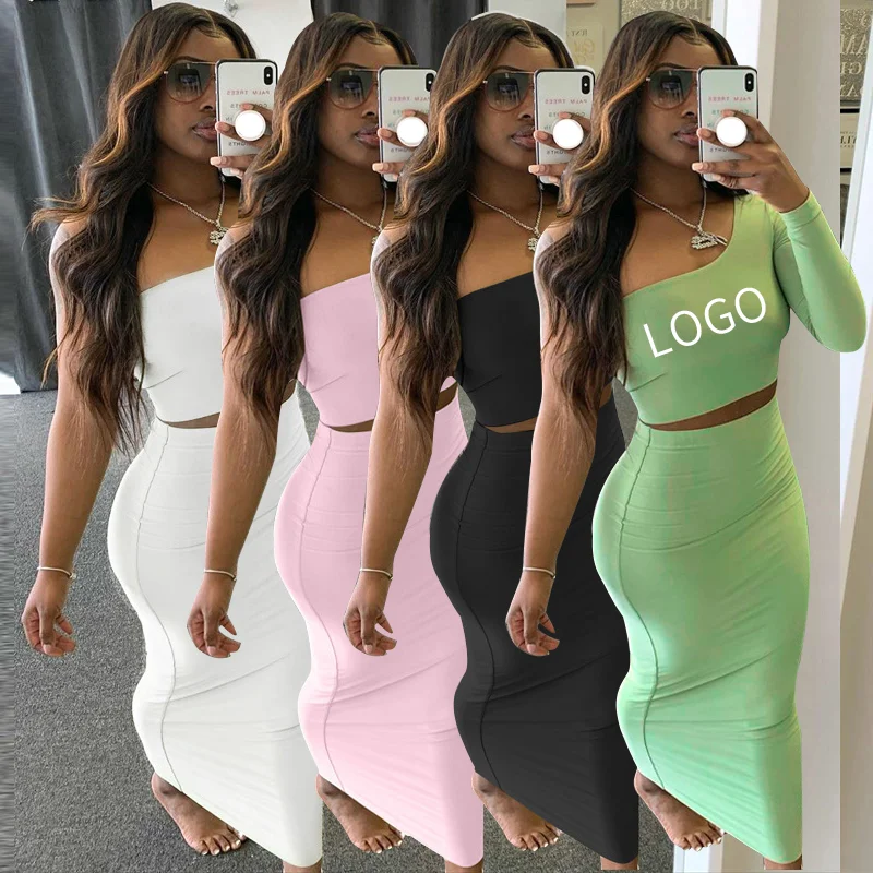 

Skirt And Crop Top Fashion One Shoulder Women Two Piece Outfits