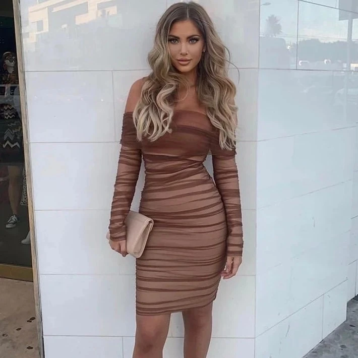 

Brown Off Shoulder Long Sleeve Over Knee Chiffon mesh dress