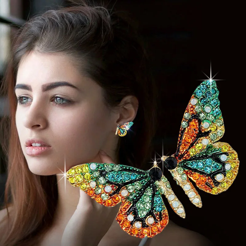 

GT ODM Pendientes De Mariposa 925 Silver Stud Full Rhinestone Insect Wings Earring Colorful Crystal Butterfly Earrings, As picture
