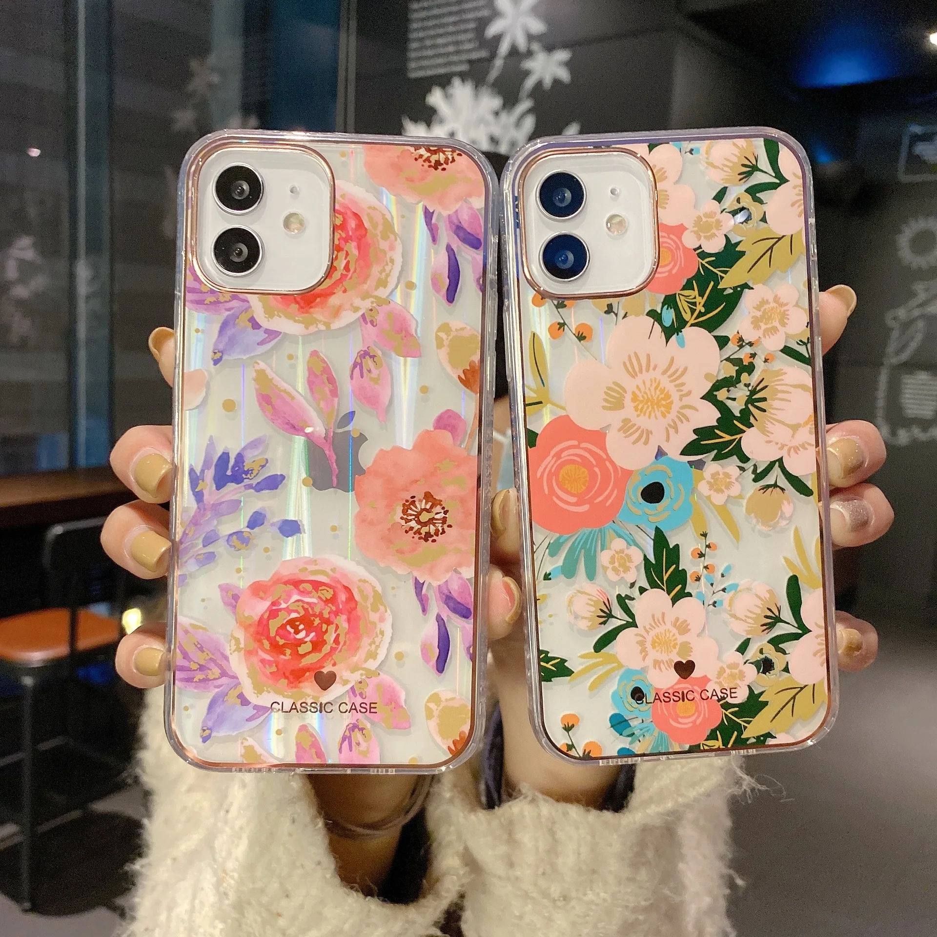

2021 newest electroplating aurora phone case for iPhone12pro 11promax protective case flower printing TPU phone case, 4 colors