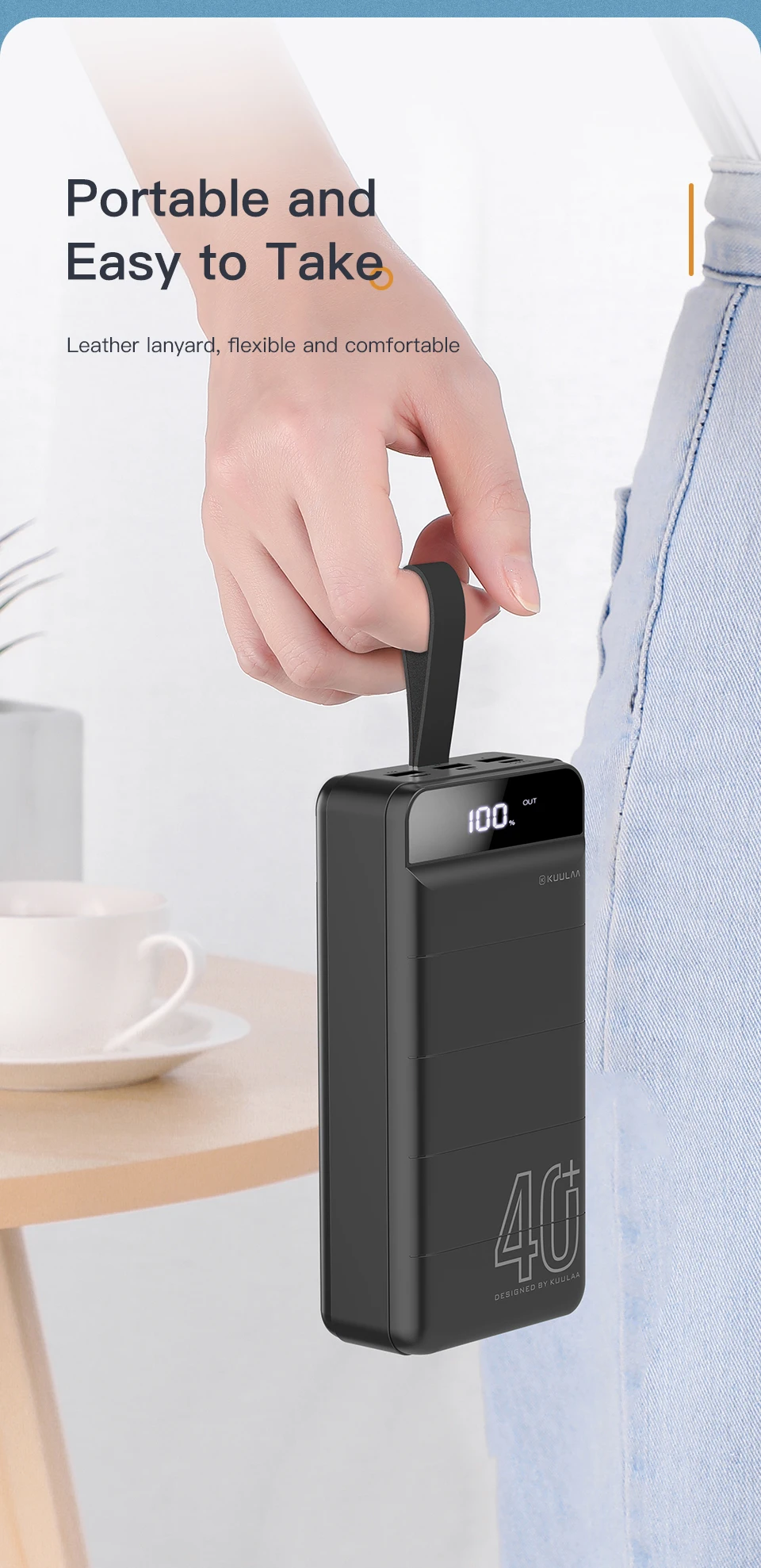 KUULAA High Capacity Camping 40000mAh Led Digital Display Portable Power Bank with Lead Light and Leather Lanyard - ANKUX.COM
